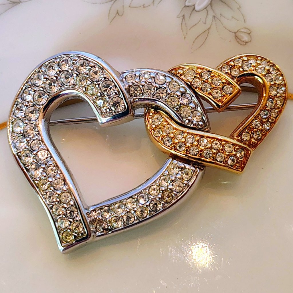 Vtg Swarovski Swan Logo Signed Double Heart Two Tone Pave Crystal Brooch